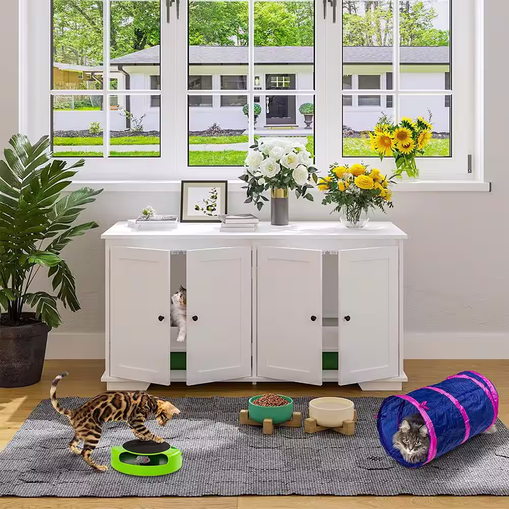 None Modern Cat Litter Box Enclosure for 2 Cats, Hidden Litter Box Furniture, Indoor Cat Washroom Bench for Living Room White