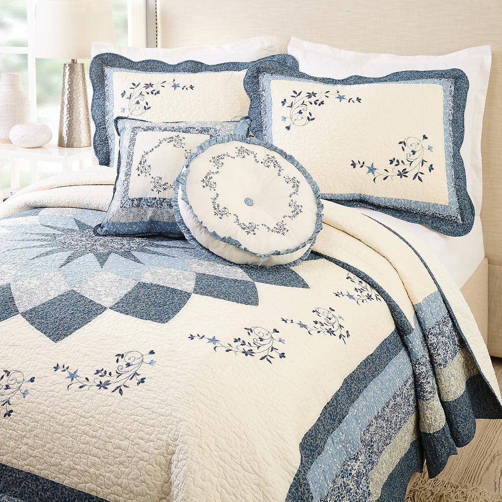 MODERN HEIRLOOM Charlotte Blue Embroidered Round 14 in. Decorative Pillow