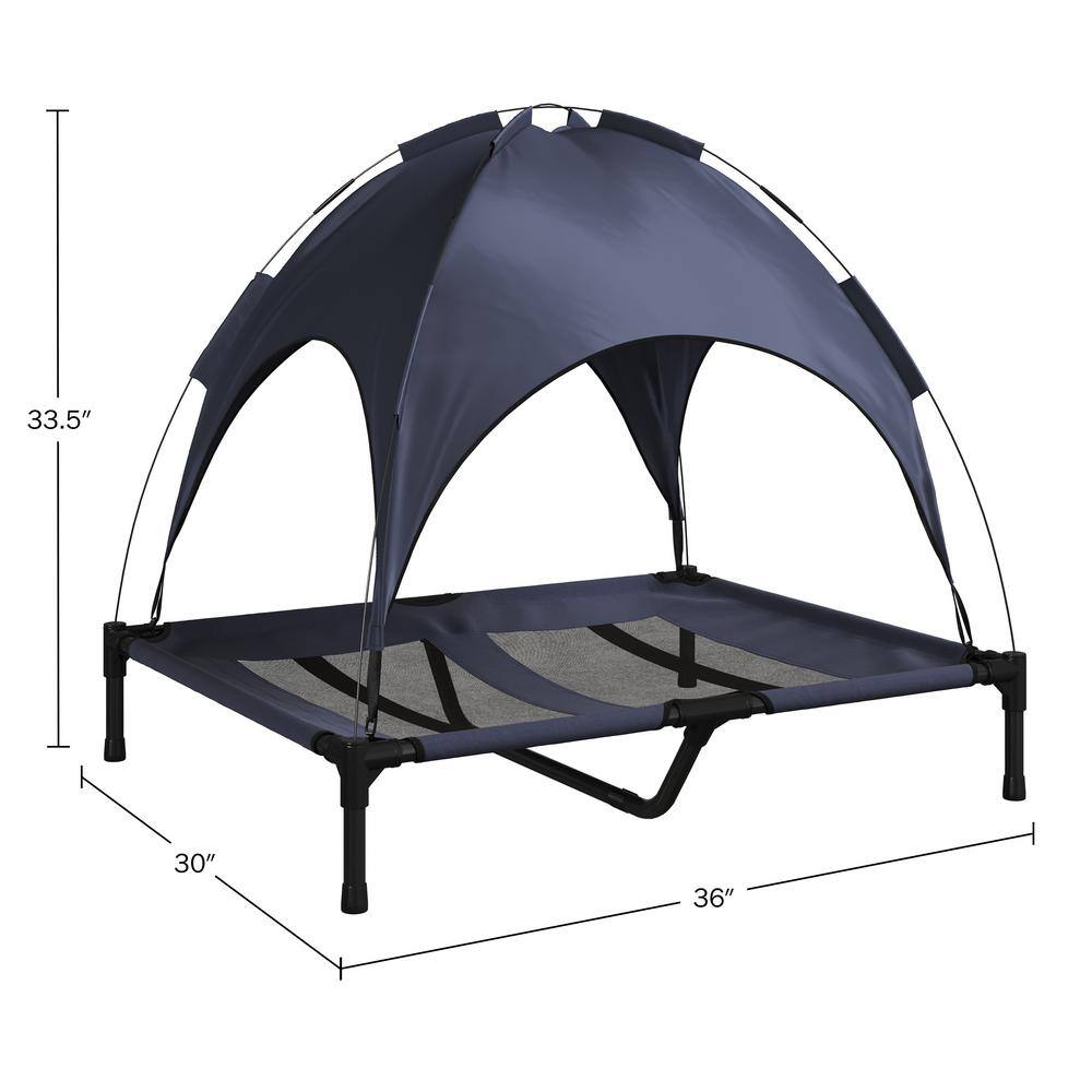 None Elevated Dog Bed with Canopy-36 in. x 30 in. Portable Pet Bed with Non-Slip Feet-Indoor/Outdoor Dog Cot (Blue)