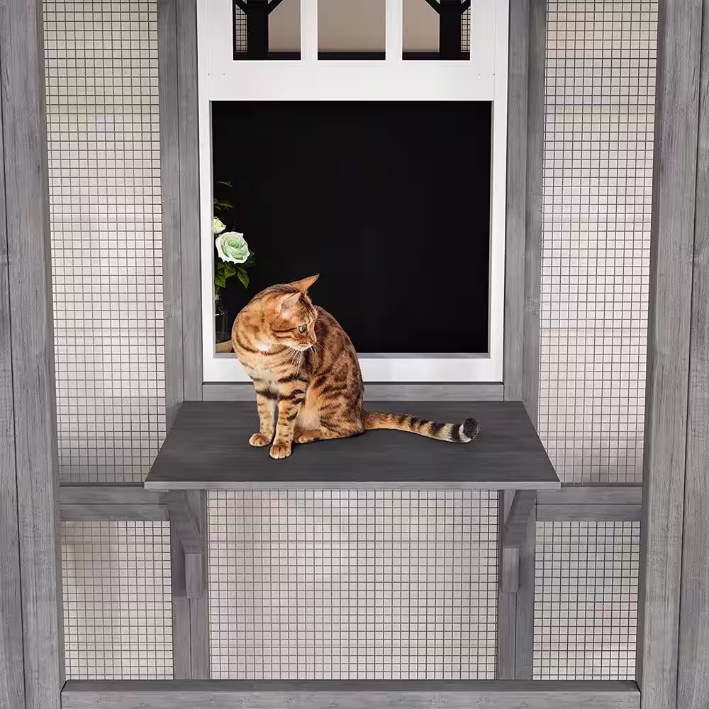 None Outdoor Cat House, 71 In. Large Wooden Cats Catio Cat Cage Enclosur with 7 Platform and 2 Resting Box, Weatherproof Grey