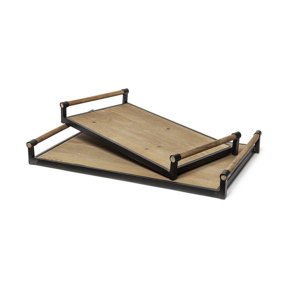 Mercana Benson Brown Solid Wood with Black Iron Frame Trays (Set of 2)