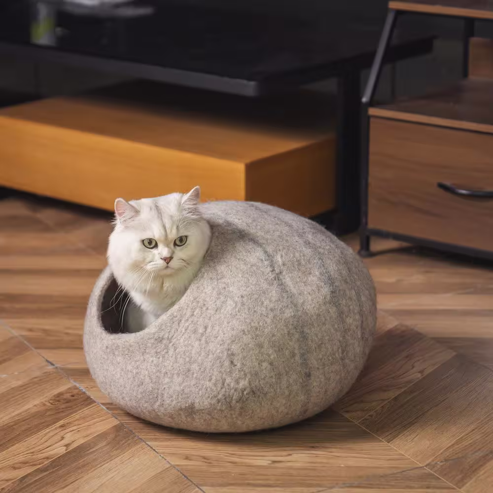 None Beige Wool Cat Cave Bed -Handmade Wool Cat Bed Cave with Mouse Toy
