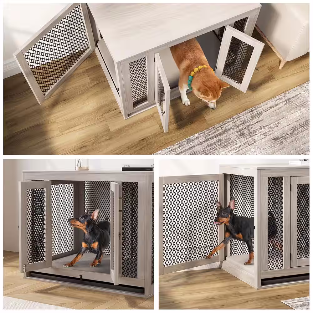 None Wooden Dog Crate Furniture, Dog Kennel with Cushion, Heavy-Duty Dog Cage House for Large Medium Dogs, Size L, Grey