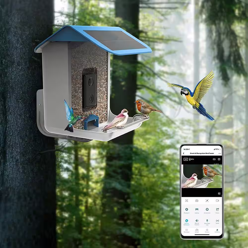 Afoxsos Smart Bird Feeder Bird House with 1080P HD Camera, Solar Roof, Built-in Microphone (Include 32G SD Card)