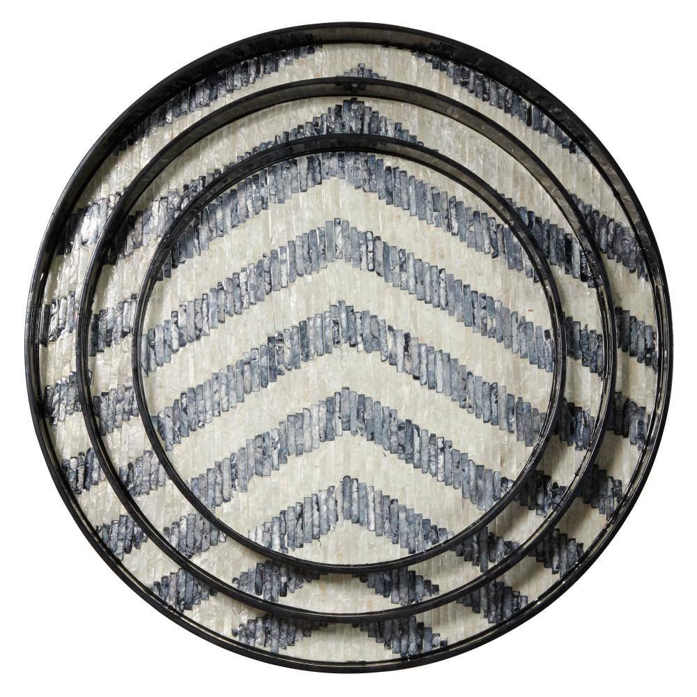 Litton Lane Black Handmade Mother of Pearl Chevron Decorative Tray with Slot Handles (Set of 3)