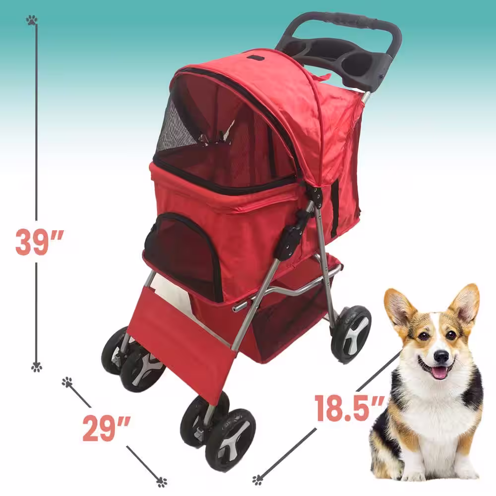 Critter Sitters Single 4 Wheel Pet Stroller for Pets 33 Lbs. and Under, Red