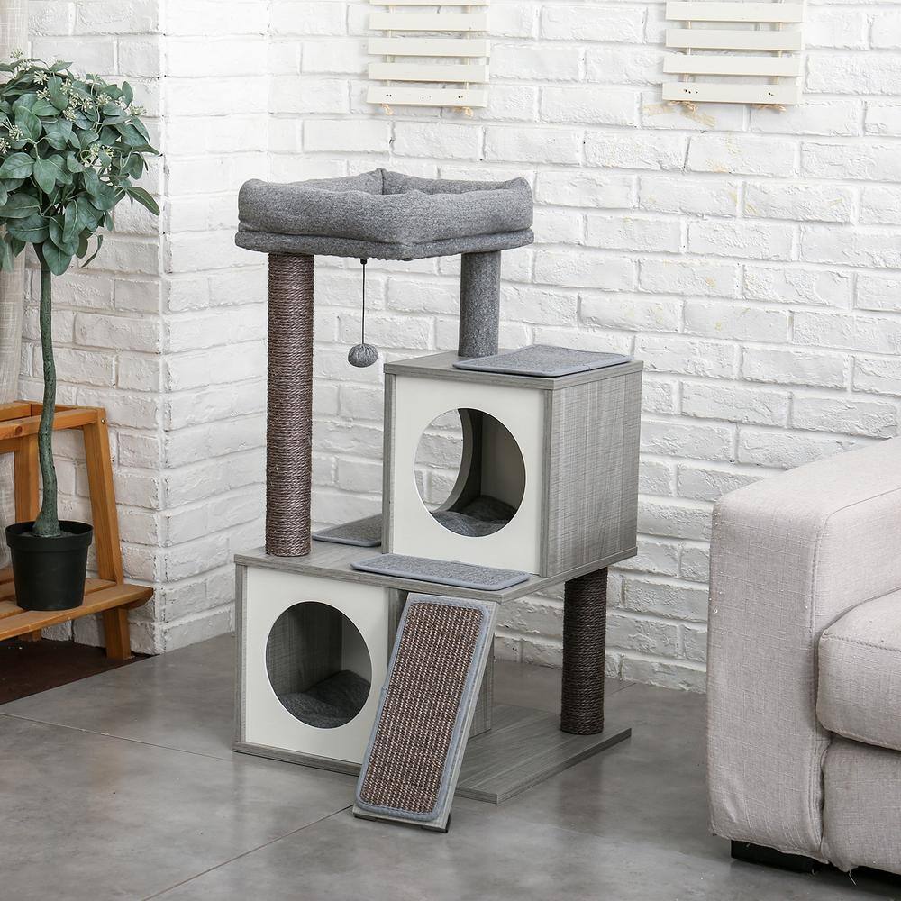 None 35 in. H Cat Tree Cat Tower with Condo, Perch, and Replaceable Dangling Ball in Gray