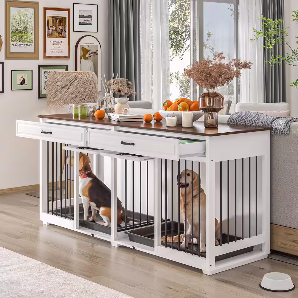 FUFU&GAGA Indoor Large Furniture Style Dog House Kennel with 2 Drawers, Large Dog Crate Cage with Trays for 2 Medium Dogs, White