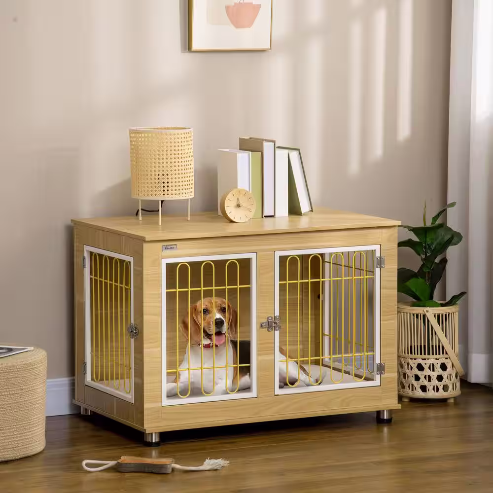 PawHut Modern Large Dog Crate End Table with Soft Cushion, Wooden Dog Crate Bed Indoor Dog Kennel Furniture