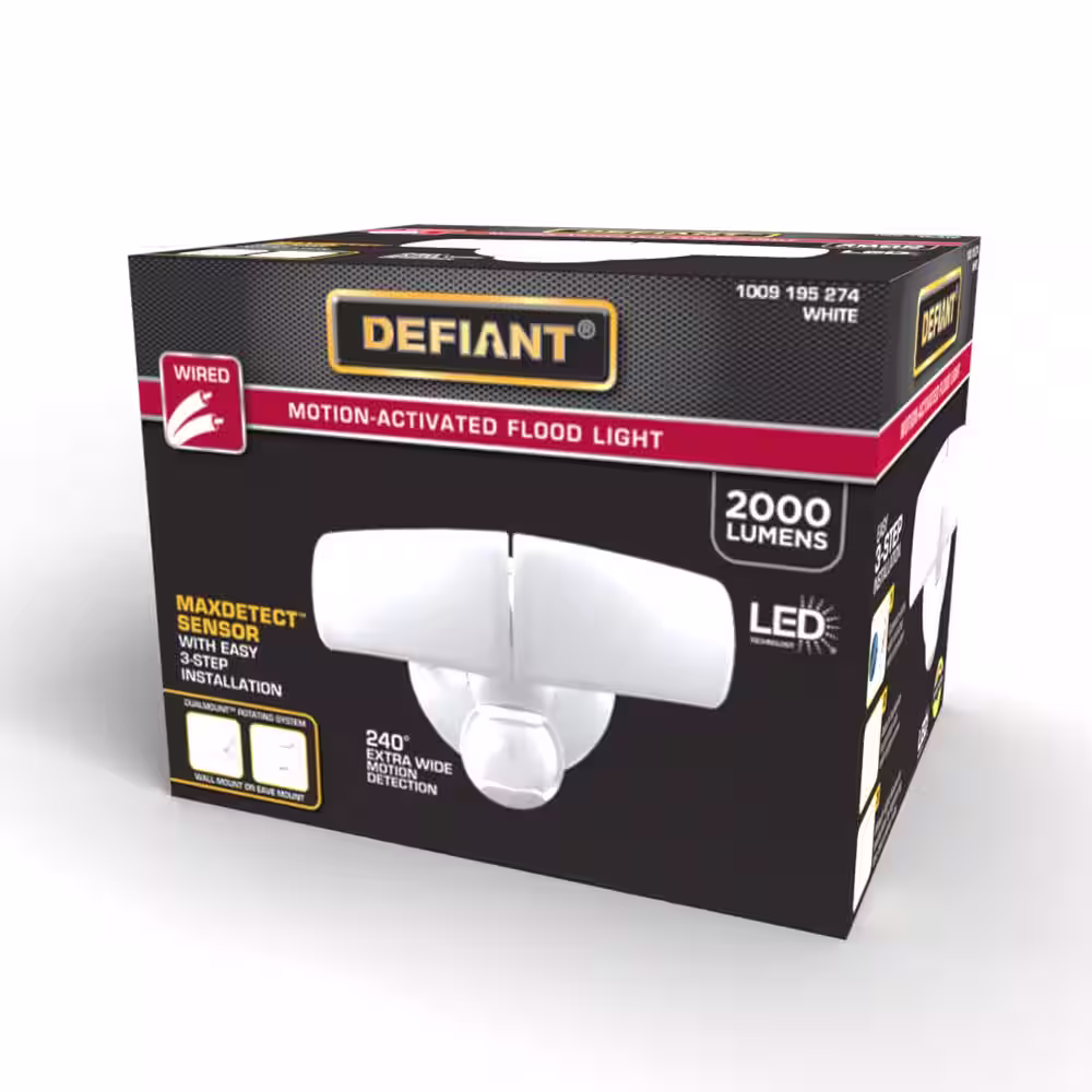 Defiant MaxDetect 240-Degree White Motion Activated Wired Outdoor 2-Head Dusk-to-Dawn LED Security Flood Light 2000 Lumens