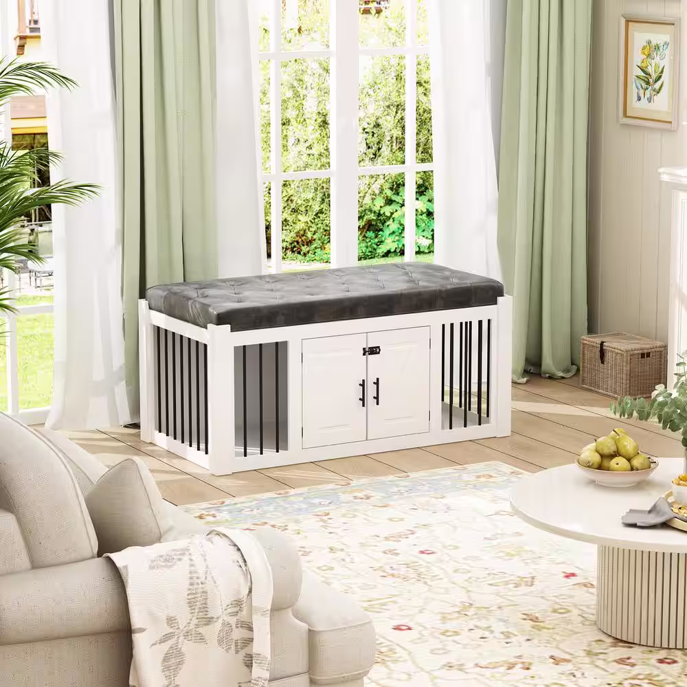 None Wooden Bed End Bench Dog Crate, Dog Kennel Indoor Modern Crates Entryway Bench Furniture for Small Medium Pets