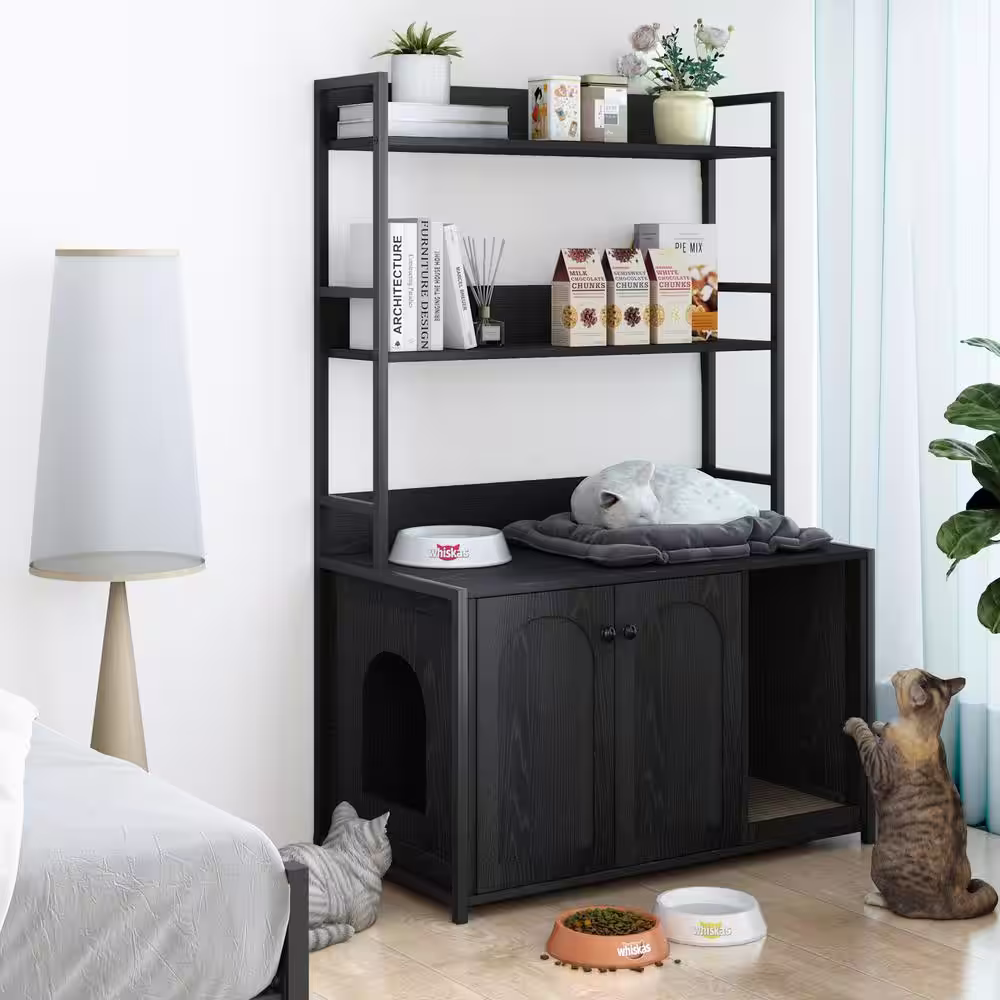 None 52 in. H Black Cat Litter Box Enclosure with Shelf Storage Hidden Cat Washroom Furniture with Scratch Pad Cat Cabinet