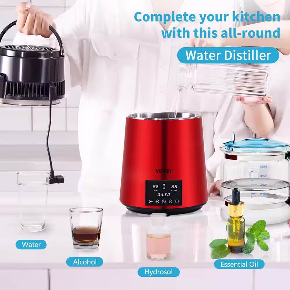 VEVOR 1.1 Gal. Water Distiller 750-Watt Distilled Water Machine Countertop Distilled Water Maker with Timing Dual Temp, Red
