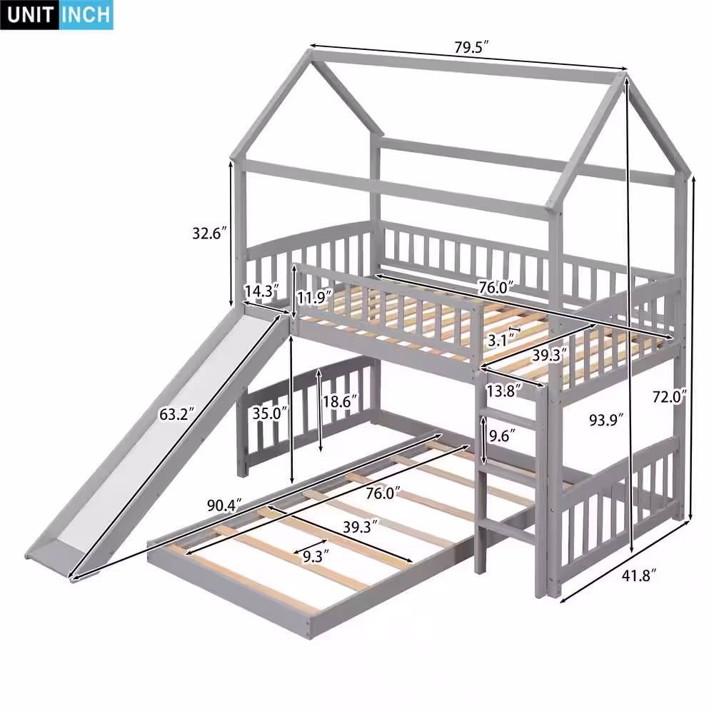 Harper & Bright Designs Gray Twin Over Twin Wood Bunk Bed with Slide and Ladder