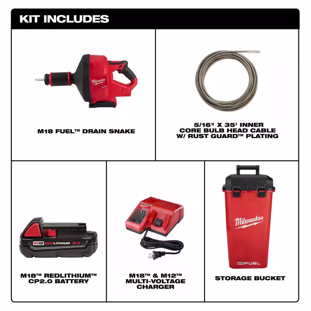 Milwaukee M18 FUEL 18-Volt Lithium-Iron Cordless Plumbing Drain Snake Auger Kit with w/ CABLE DRIVE & 5/16 in. x 35 ft. Cable
