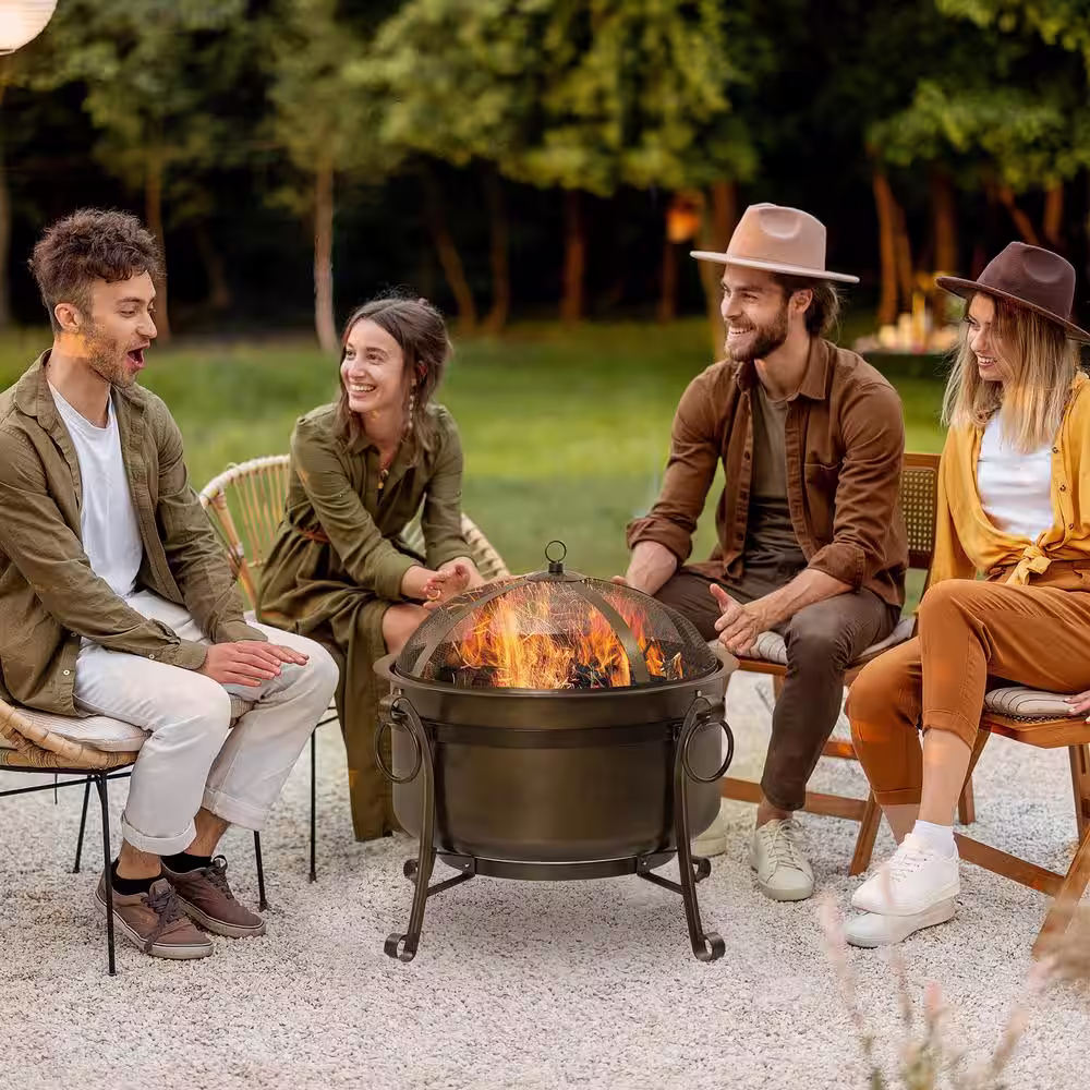 Outsunny 30 in. Outdoor Fire Pit, Round Wood Burning Patio Firepit with Cooking BBQ Grill, Spark Screen, Poker