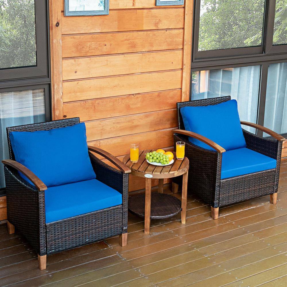 HONEY JOY Brown 3-Piece Wicker Round 19 in. Outdoor Bistro Set Acacia Wood Frame Sofa and Side Table with Blue Cushions