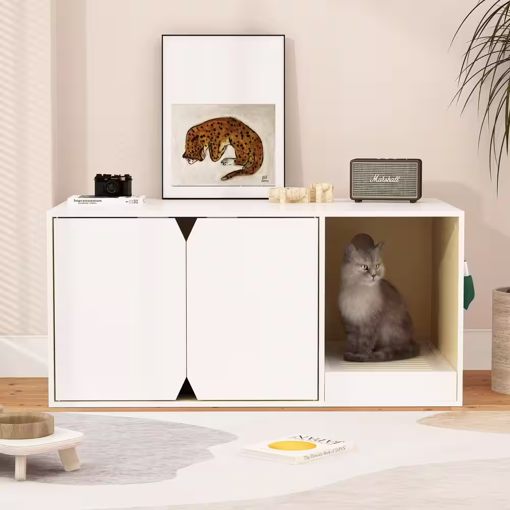 None Cat Litter Box Enclosure, Modern Wooden Large Stackable Cat Litter Box Organizer with Litter Catch Box, Log with White