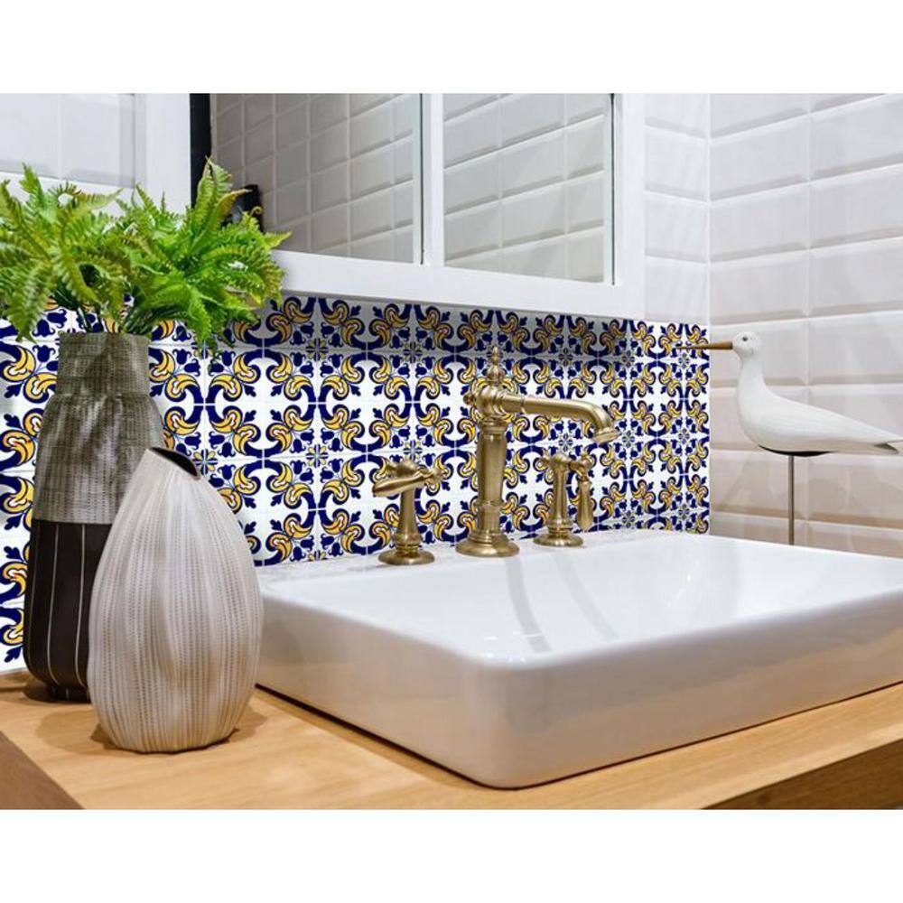 HomeRoots Blue Mikos 4 in. x 4 in. Vinyl Peel and Stick Removable Tile Stickers (2.64 sq.ft./Pack)