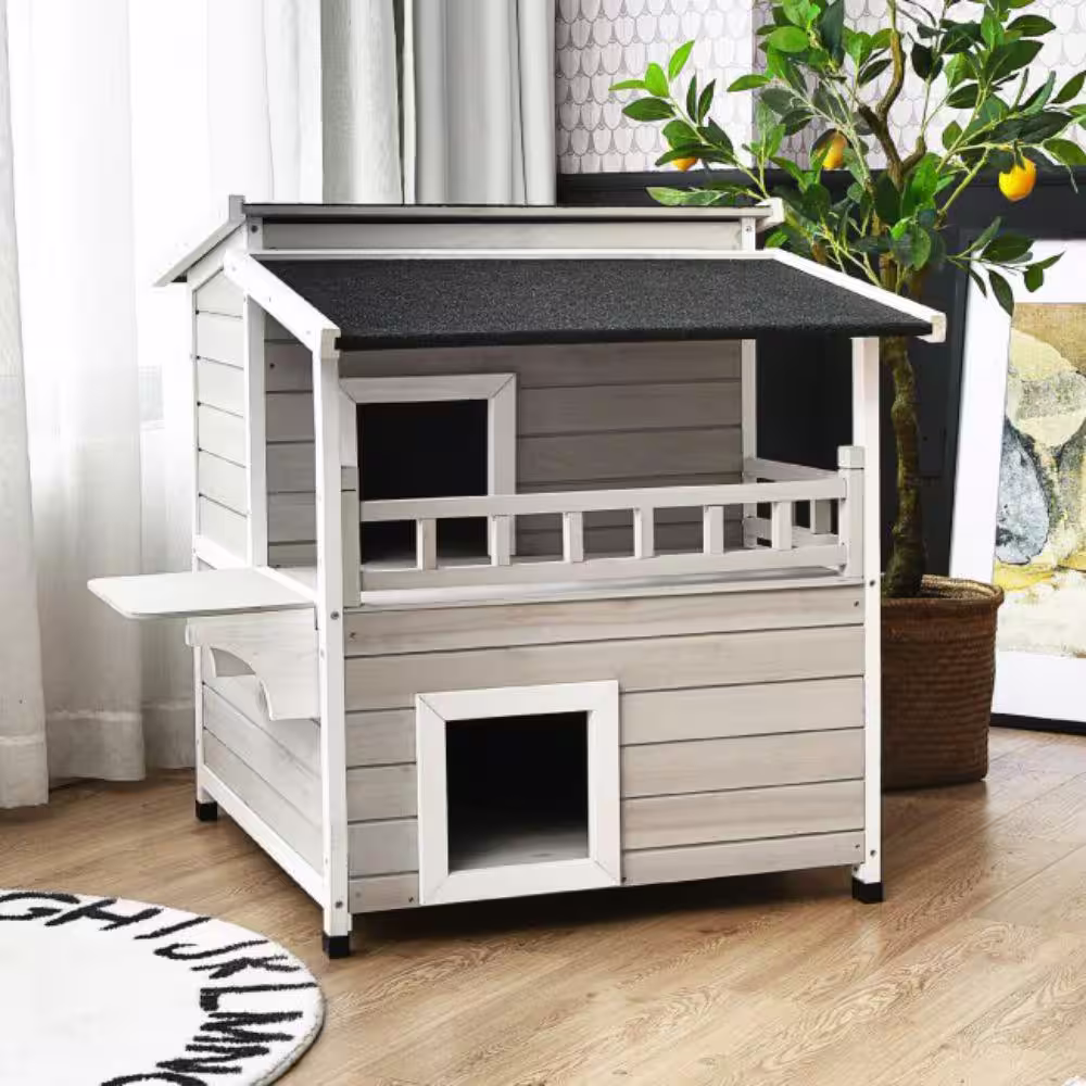 ANGELES HOME Indoor Outdoor Wooden 2-Story Cat House Condo Small Pet House