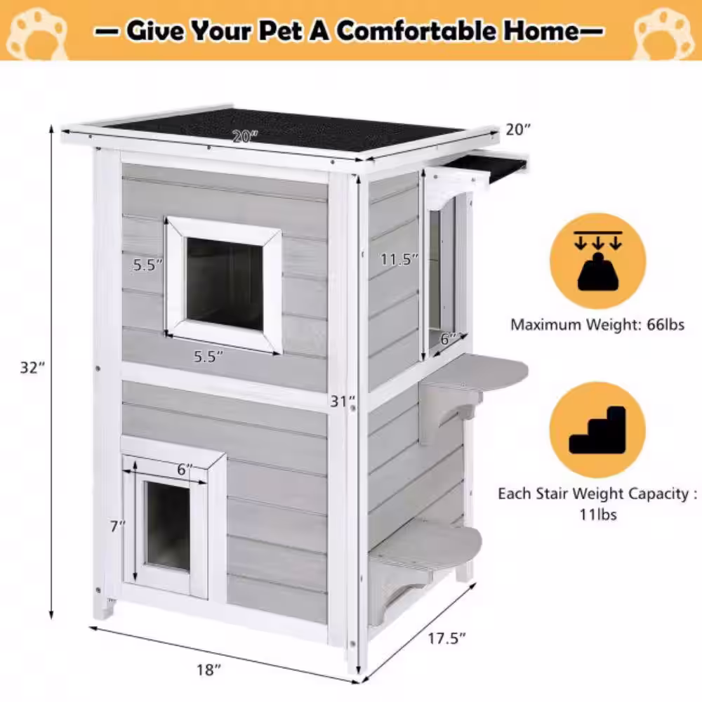 ANGELES HOME Indoor Outdoor Wooden 2-Story Cat House Condo Small Pet House