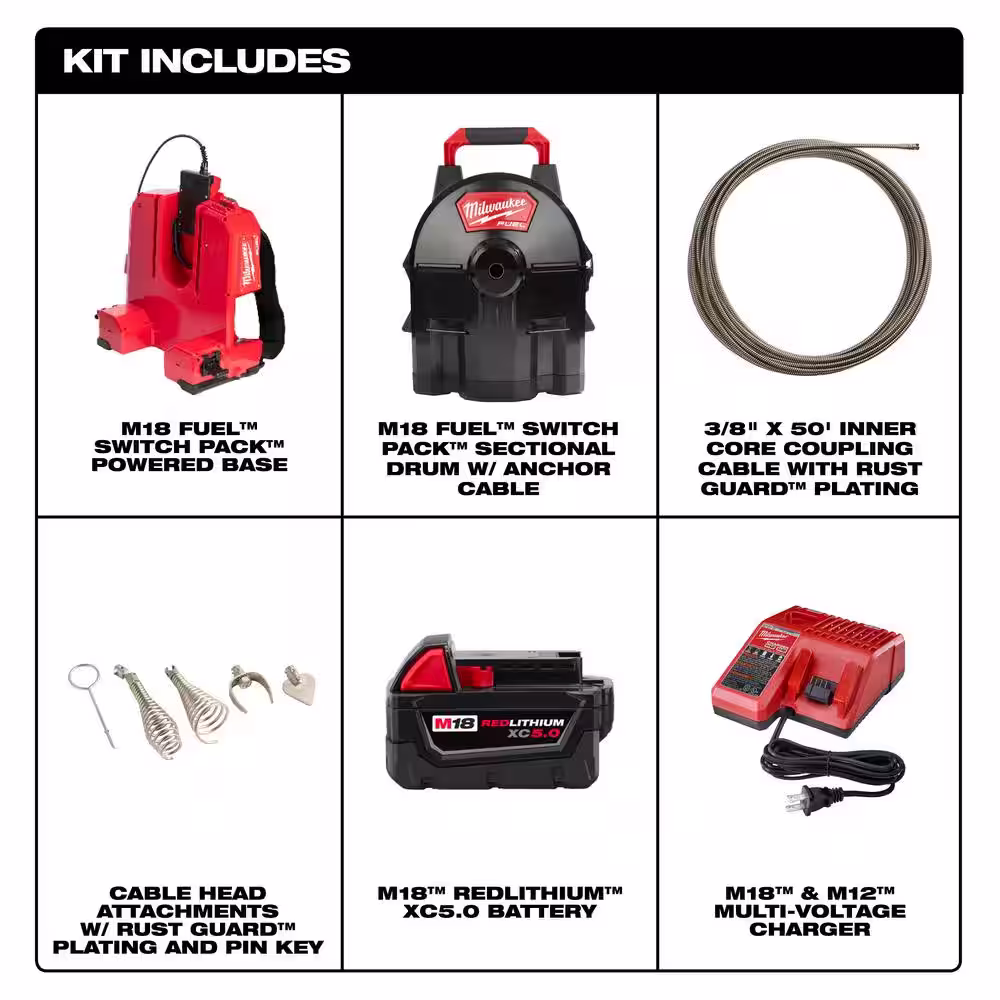 Milwaukee M18 Fuel 18-Volt Lithium-Ion Brushless Cordless Drain Cleaning 3/8 in. Switch Pack Sectional Drum System Kit