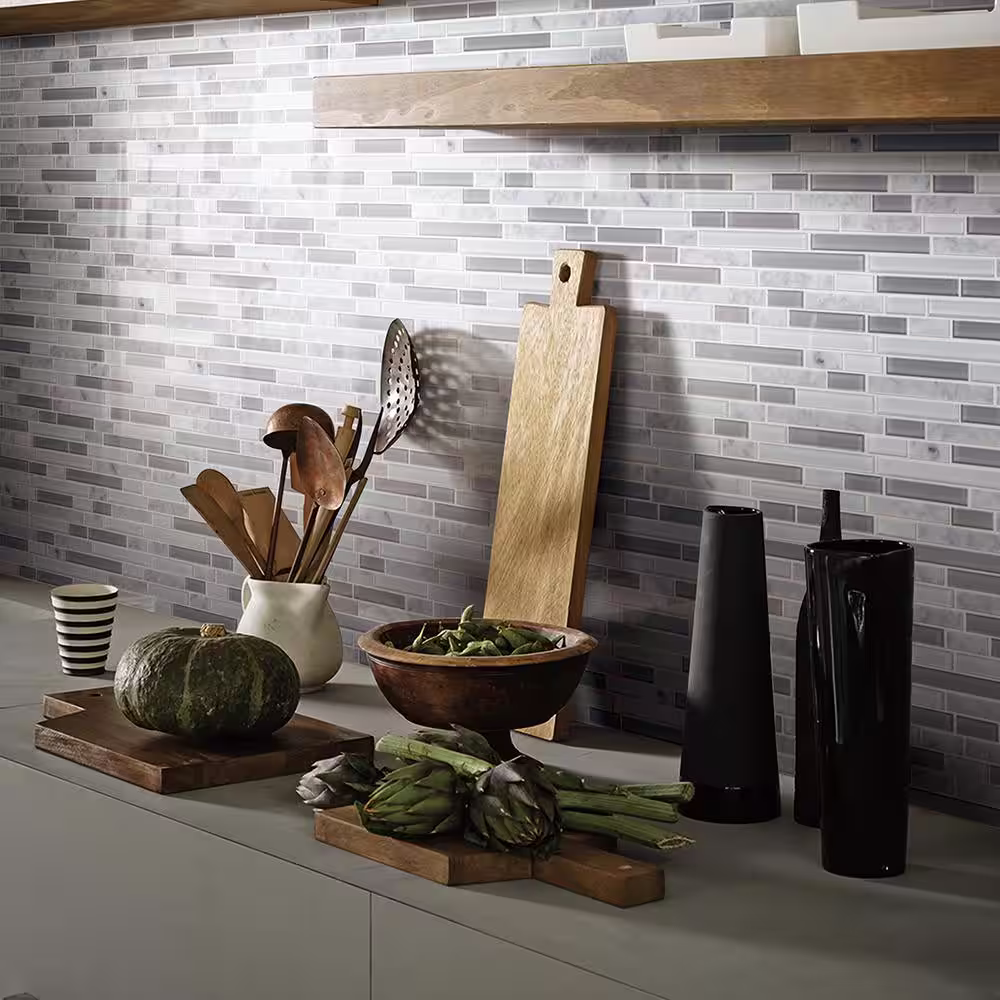SpeedTiles Noriker Gray and White 11.57 in. x 10.85 in. x 0.2 in. Glass and Stone Peel and Stick Tile (5.23 sq.ft./case)