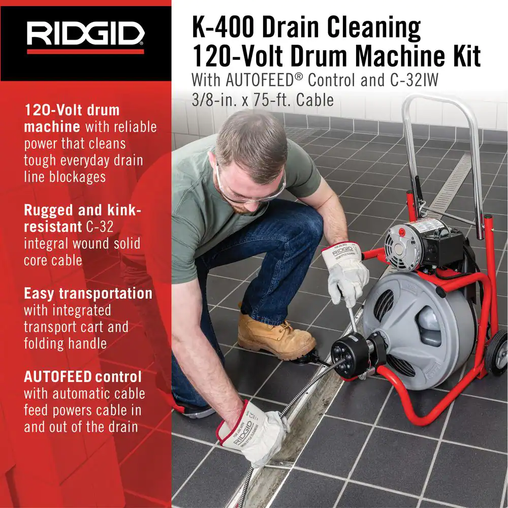 RIDGID K-400 AutoFeed Drain Cleaning Snake Auger 120-Volt Drum Machine and C-32IW 3/8 in. x 75 ft. Cable + Tool Set & Gloves