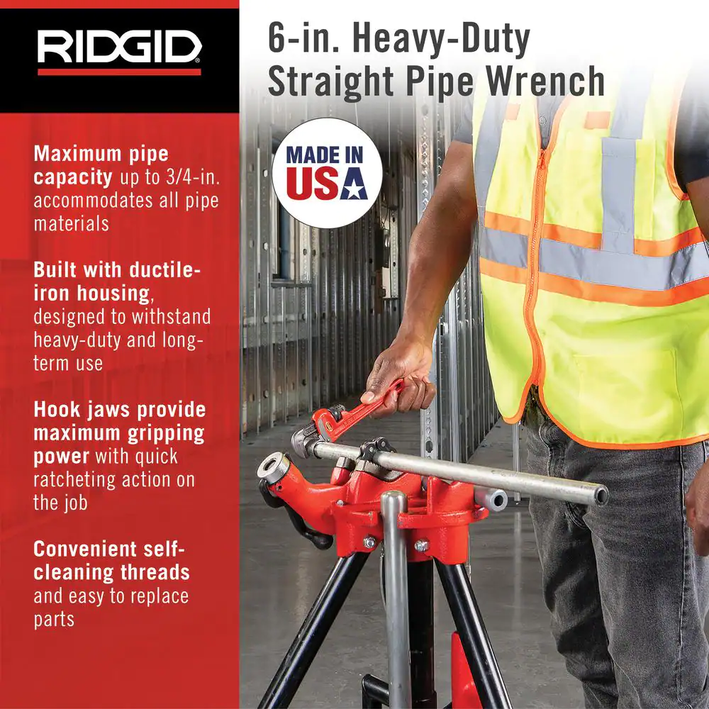 RIDGID 6 in. Straight Pipe Wrench for Heavy-Duty Plumbing, Sturdy Plumbing Pipe Tool with Self Cleaning Threads and Hook Jaws