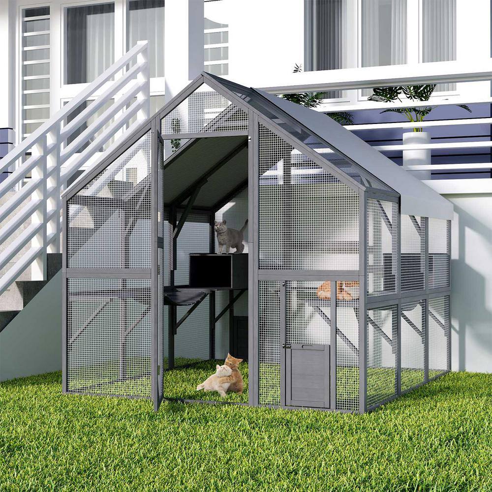 None Large Wooden Outdoor Cat House, 43 Sq. Ft. Cat Run Enclosure Walk in Cat Catio Kitten Condo with Enter Door, Roof Cover