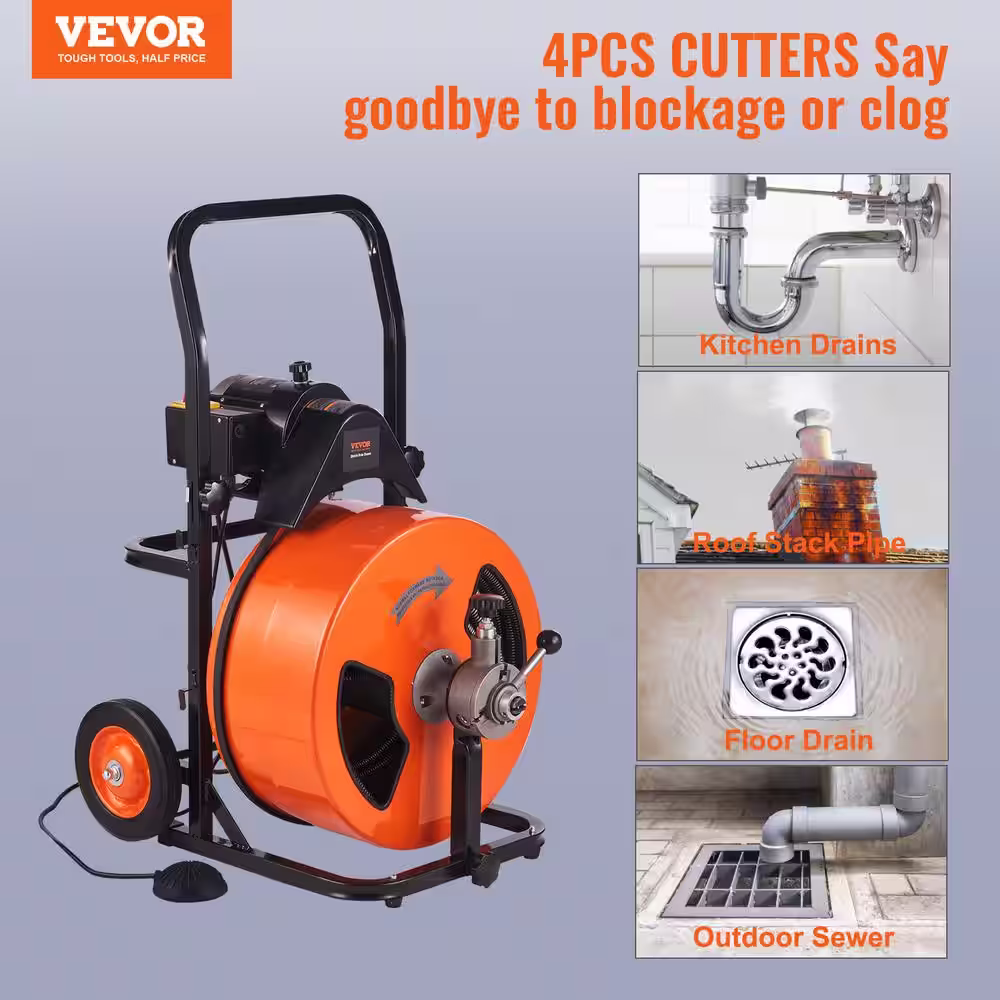 None Electric Drain Auger 50 ft. x 3/8 in. Drain Cleaning Machine Sewer Snake Auto Feed with 4 Cutter for 1 in. to 4 in. Pipe