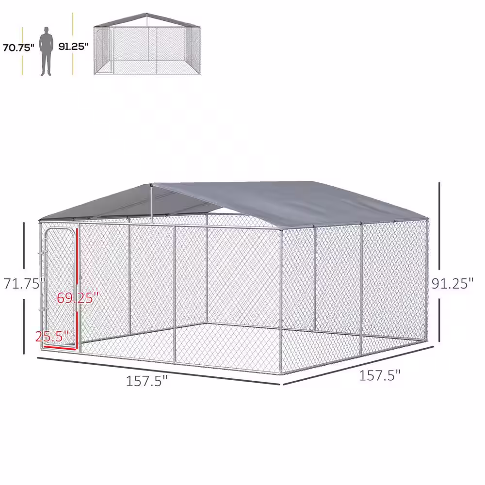 PawHut 13 ft. x 13 ft. x 7.5 ft. Silver Galvanized 0.004-Acre In-Ground Steel Dog Kennel with Cover Secure Lock Mesh Sidewalls