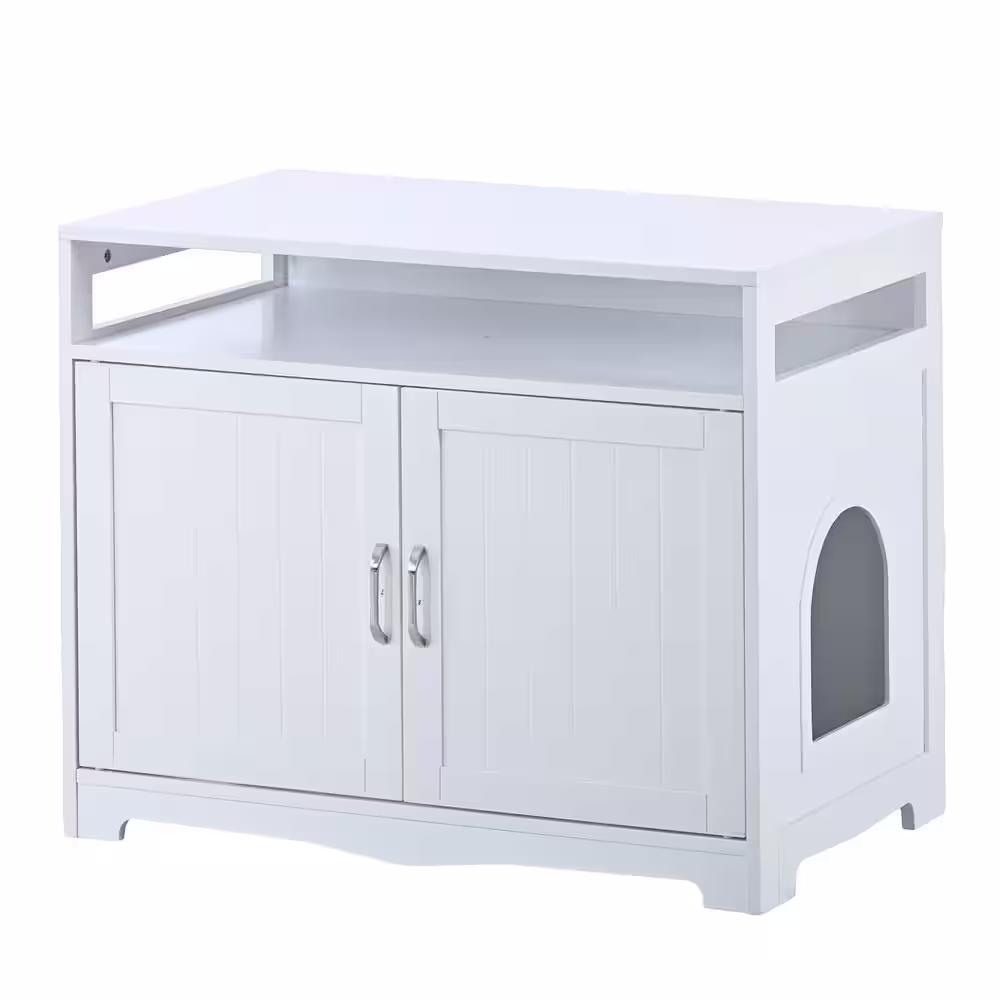 None Litter Box Enclosure Cat Litter Box Furniture with Hidden Plug 2 Doors Cat Washroom Storage in White