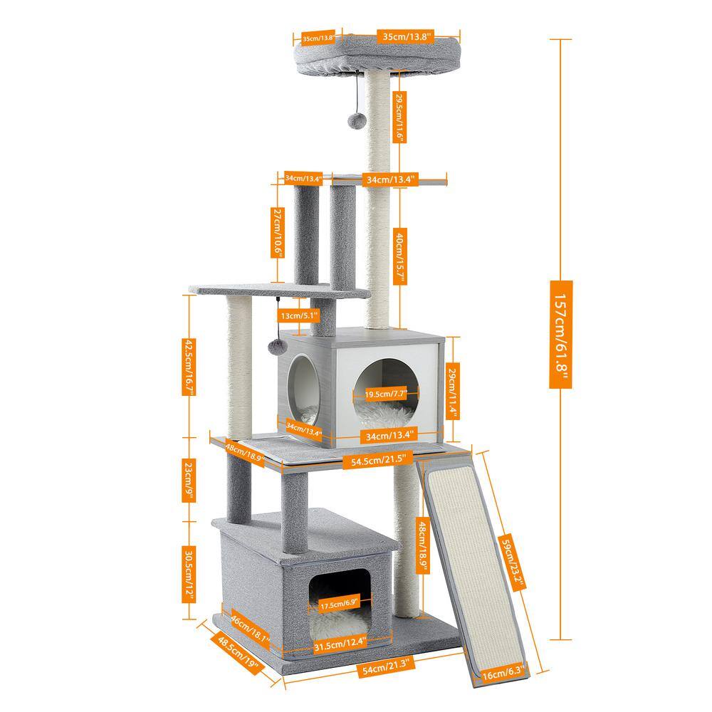 None 61.8 in. H Cat Tree Cat Tower with Condo and Capsule Nest in Gray
