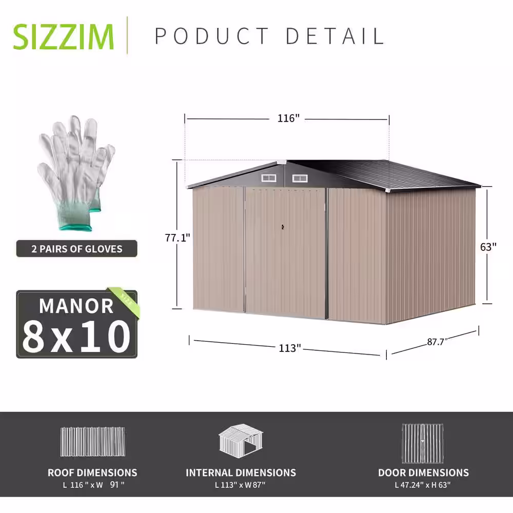 None 10 ft. W x 8 ft. D Metal Storage Shed for Garden and Backyard (80 sq. ft.)