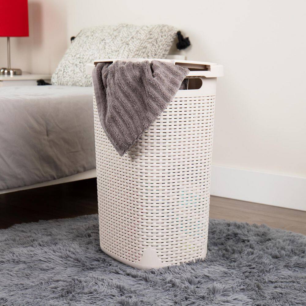 Mind Reader Basket Collection, Plastic Slim Laundry Hamper, 60 Liter (15kg/33lbs) Capacity, Attached Hinged Lid, Set of 2, Ivory