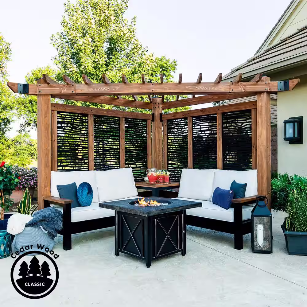 Backyard Discovery Tuscany 9 ft. x 9 ft. Light Brown Wooden Cabana Pergola with Bamboo Privacy Panels and Pumice Conversation Seating