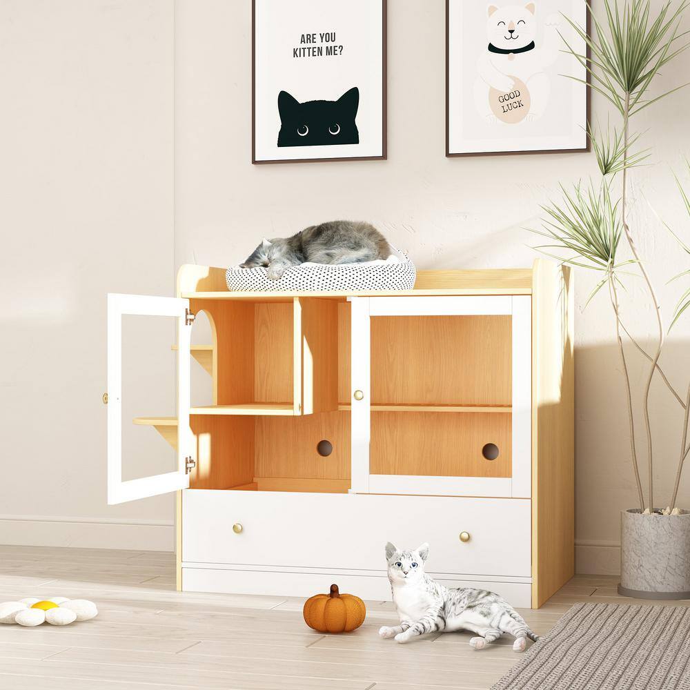 None Luxury Cat Litter Box Enclosure, Multi-Purpose Cat Condo Hidden Litter Box with Drawer and Stairs for Cat White with Log