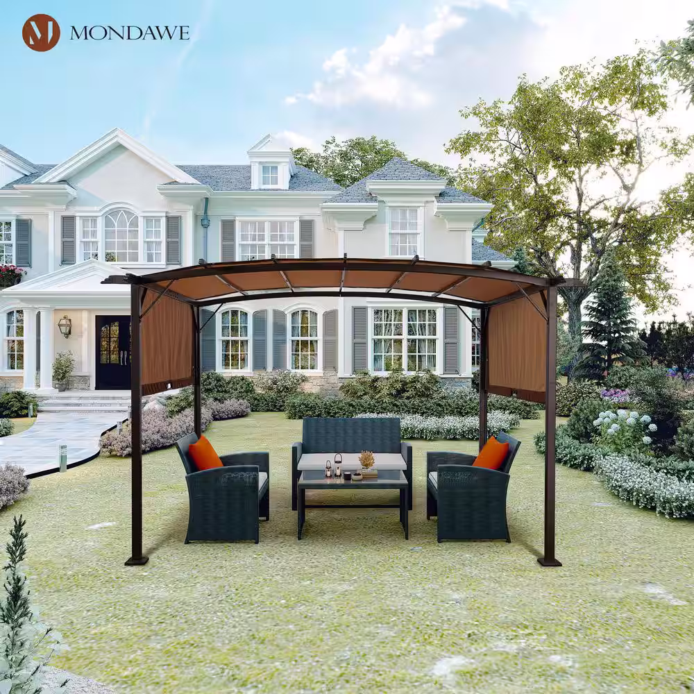 Mondawe Peda 12 ft. x 9 ft. Beige-Tan Polyester Outdoor Patio Gazebo Steel Frame Grape Pergola with Retractable Shade Canopy