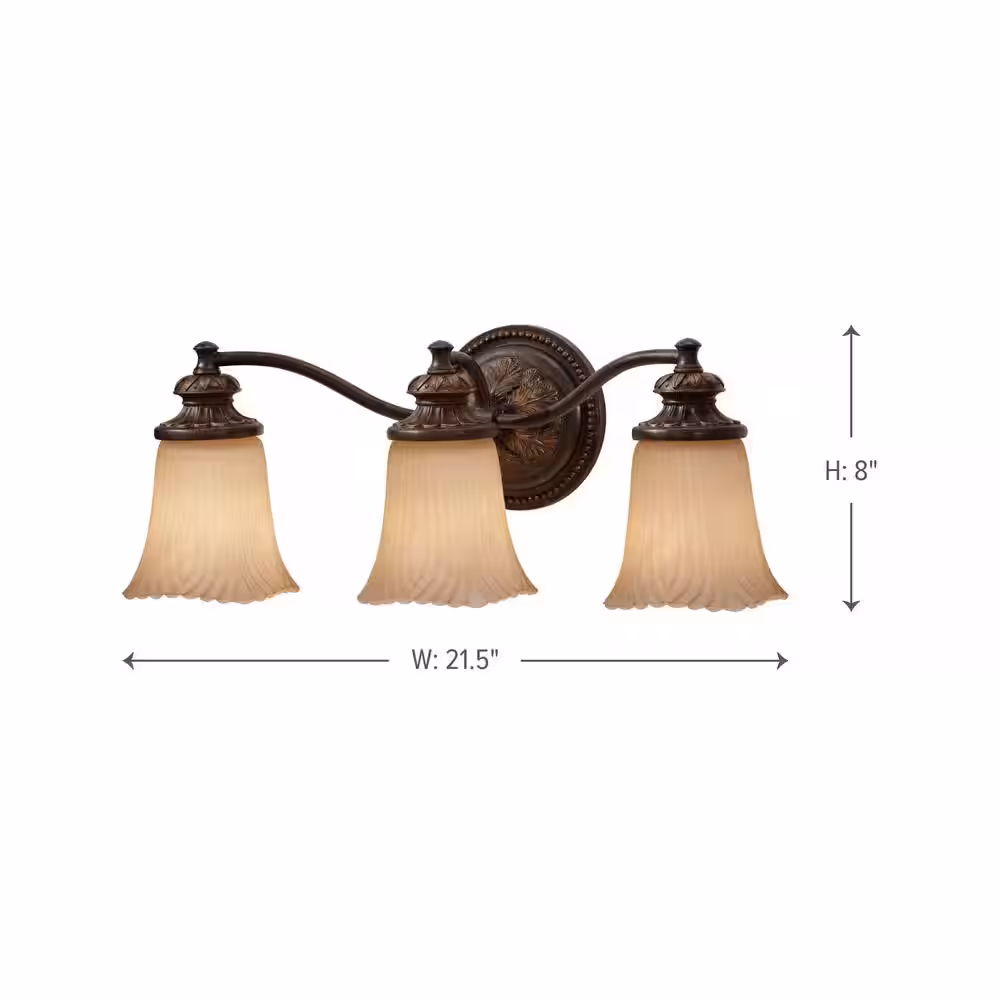 Generation Lighting Emma 21.5 in. W 3-Light Grecian Bronze Bathroom Vanity Light with Cream Etched Glass Shade and Vintage Ornate Backplate