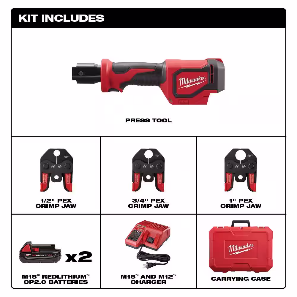 Milwaukee M18 18V Lithium-Ion Cordless Short Throw Press Tool Kit with 3 PEX Crimp Jaws and Hackzall