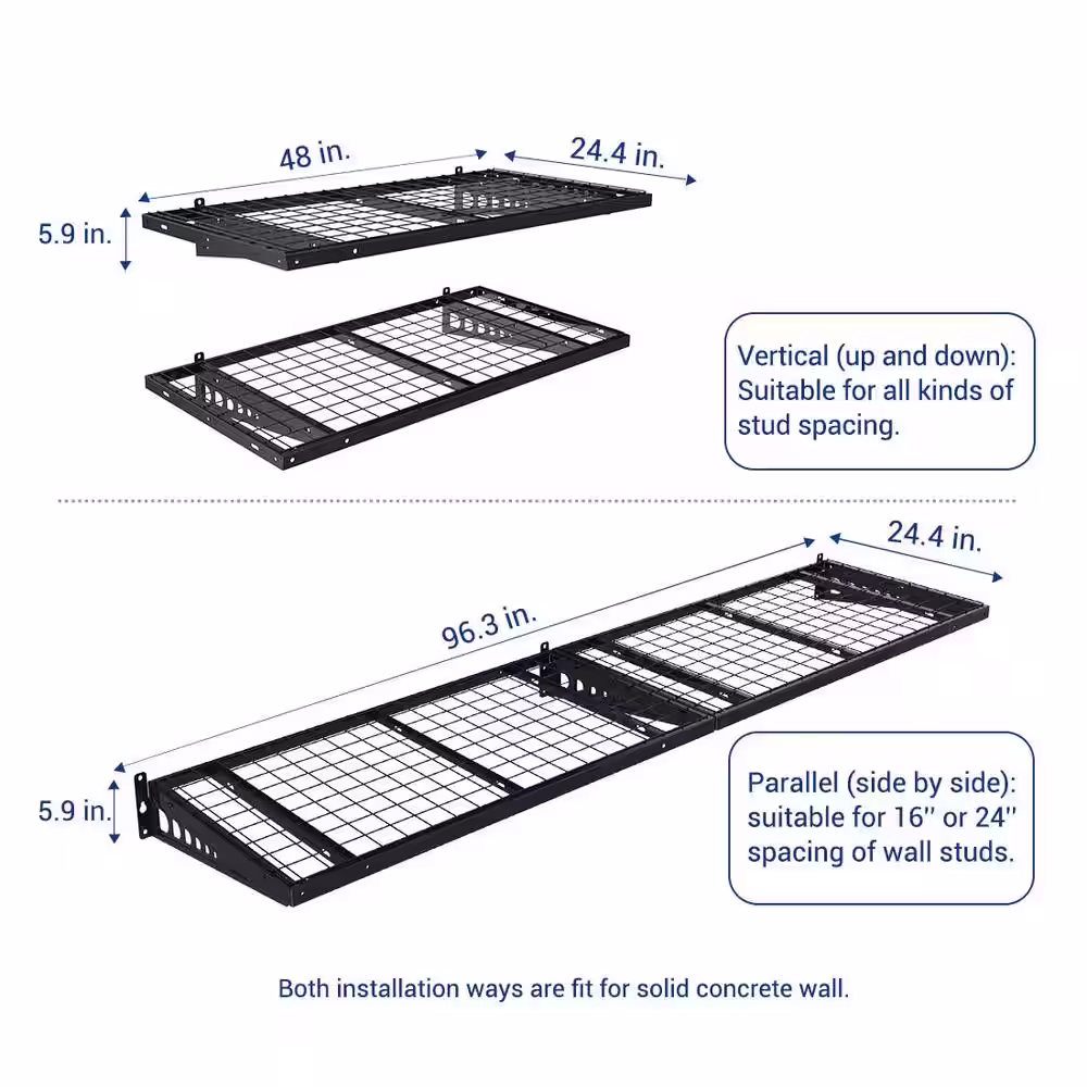 FLEXIMOUNTS 24 in. x 48 in. Heavy Duty Wall Shelf with Brackets in Black