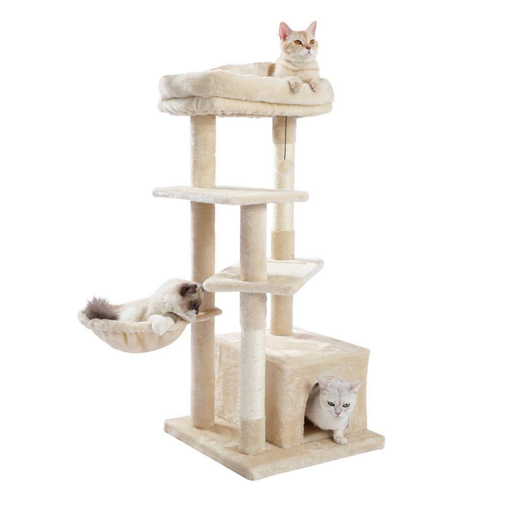 Foobrues 44.10 in. Pet Cats Scratching Posts and Trees and Spacious Condo, Cozy Hammock and Plush Top Perch in Beige