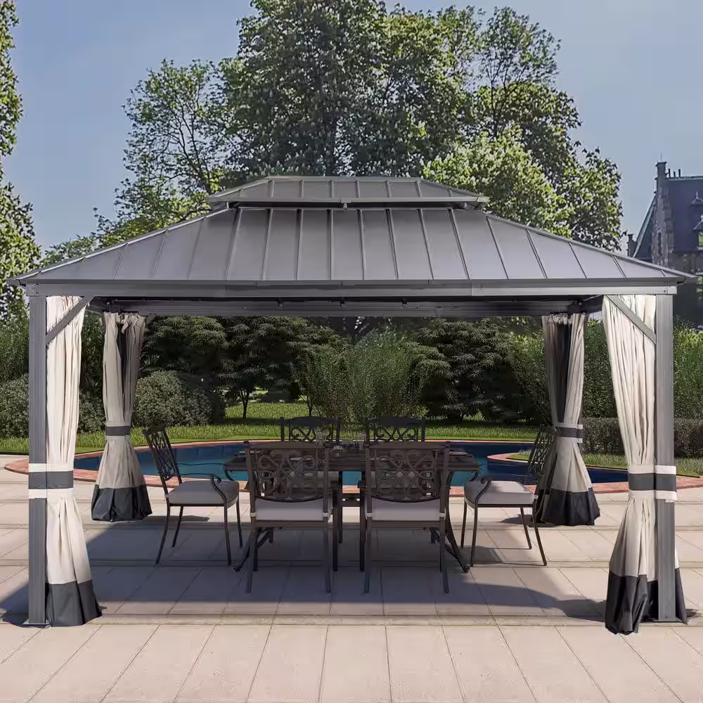 Mondawe 12 ft. x 16 ft. Outdoor Aluminium Frame Patio Gazebo Canopy Tent Shelter with Iron Hardtop Roof,Curtain Netting Pavilion
